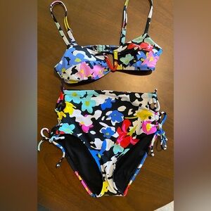 Hula Honey Floral High Waisted Bikini Set Small Colorful Retro Tie Side Swimwear